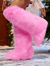 ieftine Cizme de zăpadă și iarnă-cizme până la genunchi din blană artificială pentru femei – imprimeu alb-negru, încălțăminte de iarnă confortabilă pentru vreme rece și stil de sărbătoare la modă