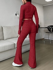 cheap Women's Blouse Suits-Women's Pants Sets Bolero Top Long Sleeve Shirt Collar Solid Color Zipper Fashion Streetwear Casual Daily Outdoor Black Wine Camel Spring Slim