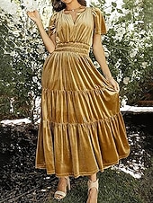 olcso Buliruhák-Női Midi ruha Karácsonyi ruha Bársony ruha Party ruha Koktélruha Elegáns Modern Parti Születésnap Estély Normál Sima Rövid ujjú V-alakú Bor Katonai zöld Sötétkék Sötétzöld Tavasz Ősz