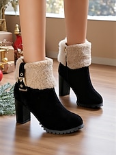 رخيصةأون أحذية الموضة-حذاء نسائي بكعب من الجلد المدبوغ باللون الأخضر مع أطراف من الفرو الصناعي، كعب سميك عصري، مثالي لقضاء العطلات الشتوية وحفلات الكريسماس والمناسبات الاحتفالية