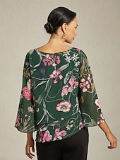 billiga skjortor, toppar och blusar-damblus transparent chiffong grön blommig tryck halvärmad rund hals lager-på-lager pullover casual elegant vår sommar höst