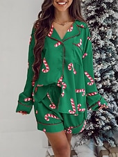 cheap Women's Sleep Tops &amp; Bottoms-Women's Pajamas Loungewear Pajama Set Casual Pure Color Elastic Waist Shorts Christmas Vacation Home Long Sleeve Shirt Collar Pink Green Fall Winter Loose Fit