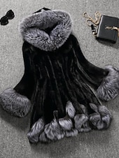 billige Pels &amp; Lær-Dame Fuskepels Hold Varm Bekvem Lapper Lomme Knapper Pelskrage Mote Fargeblokk utendørs Feriereise Ferie Ut på byen Lang Med hette Normal Langermet Yttertøy Svart Hvit Høst Vinter