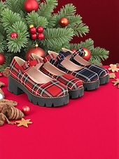 preiswerte Damen Weihnachtschuhe-Rote Mary Jane Plateauschuhe mit Schnalle im Karomuster für Damen – festlicher Weihnachtsstil, perfekt für Urlaubsoutfits und Weihnachtsfeiern