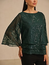 preiswerte Hemden, Tops und Blusen-Damenbluse Rundhals Strukturierter Chiffon Burnout Stoff Dreiviertelärmel Ausgestellter Saum Lagensaum Elegant Party Urlaub