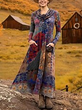 お買い得  ボヘミアンドレス-女性用 ミディドレス シースドレス A ラインドレス フィット＆フレアドレス 旅行度假风 パーティー カジュアル オフィス 日常 デート レギュラー フラワー グラフィック 長袖 カウルネック パープル ブラウン グリーン 春 秋 冬