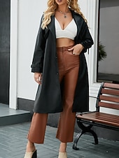 billiga Jackor i konstläder-Dam Imitationsläderjacka Trenchcoat Bekväm Ficka Knappar Ledigt Slät Semester Dagliga kläder Utekväll Helgen Lång Nedvikt Normal Långärmad Ytterkläder Marin Svart Kamel Vår Höst