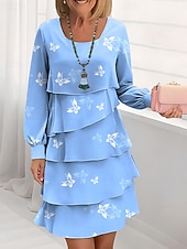 preiswerte Blumenkleid-Damen Knielanges Kleid Freizeitkleid Chiffonkleid Shiftkleid Kleid mit vielen Schichten Elegant Urlaub Party Normale Passform Blumen Langarm Rundhalsausschnitt Schwarz Weiß Blau Grün Sommer Frühling