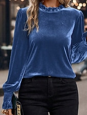 economico Bluse Eleganti-Per donna Velluto Elegant Elegante Blusa Arricciato Semplice Vintage Elegante Manica Lunga Girocollo Top Regolari Quotidiano Ferie Uscire Blu Verde militare Verde Rosa Autunno Inverno