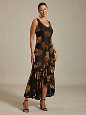  Γυναικεία Μακρύ φόρεμα Φόρεμα σε ευθεία γραμμή Φόρεμα τρομπέτα γοργόνα Φόρεμα σε γραμμή Α Κομψό Επίσημο κοκτέιλ Βραδινό Πάρτυ Πάρτι Επισκέπτης γάμου Κανονικό Φλοράλ Αμάνικο Στρογγυλή Ψηλή Λαιμόκοψη