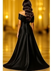cheap A-Line Evening Dresses-Purple Black A-Line Evening Gown Elegant Formal Dress Formal Wedding Floor Length Short Sleeve Off Shoulder Capes Satin with Pocket 2025