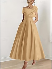 cheap Cocktail Dresses-A-Line Ankle Length Cocktail Dresses Party Dresses Elegant Silky Short Sleeve One Shoulder Wedding Formal Pink Dress Satin with Bow(s)