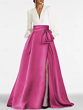 cheap A-Line Evening Dresses-A-Line Sweep Brush Train Evening Gown Ball Gown Formal Dress Elegant High Split Long Sleeve V Neck Formal Wedding Guest Satin with Pleats Slit