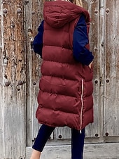 cheap Down Vests-Women&#039;s Winter Coat Down Jacket Vest Warm Comfortable Pocket Buttons Casual Plain Vacation Daily Wear Going out Weekend Long Hooded Regular Fit Sleeveless Outerwear Black Wine Khaki Fall Winter