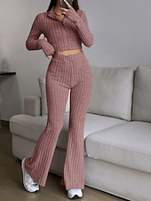 cheap Women's Blouse Suits-Women's Pants Sets Bolero Top Long Sleeve Shirt Collar Solid Color Zipper Fashion Streetwear Casual Daily Outdoor Black Wine Camel Spring Slim