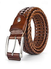 levne Pánské opasky-Pánský pletený opasek z pravé kůže – klasický tkaný design s leštěnou přezkou, odolný a nastavitelný doplněk v pase pro ležérní, obchodní a golfové outfity
