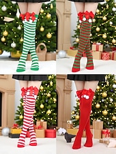levne Dámské ponožky-Dámské vánoční ponožky do stehen, sada 4 párů, pruhované &amp;Jednobarevné červené sváteční punčochy s mašlemi a bambulkami, slavnostní ponožky nad kolena na zimní večírky &amp;dárky