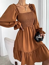 Damen Minikleid Schößchen Kleider Gerafftes Kleid Modern Outdoor Ferien Ausgehen Normale Passform Einfach Langarm Quadrathals Schwarz Wein Armeegrün Leicht Braun Frühling Herbst preiswerte abendkleider-Damen Minikleid Schößchen Kleider Gerafftes Kleid Modern Outdoor Ferien Ausgehen Normale Passform Einfach Langarm Quadrathals Schwarz Wein Armeegrün Leicht Braun Frühling Herbst