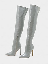 cheap Fashion Boots-Women's Red Glossy Patent Faux Leather Thigh-High Boots with Stiletto Heel and Zipper Detail, Bold and Sexy Style, Perfect for Night Out, Christmas and Fashion-Forward Events