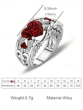 voordelige Dames ringen-Rode hartvormige edelsteenring voor dames met verzilverde band – elegante sieraden als kerstcadeau en voor feestdagen