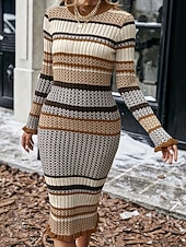 baratos Vestidos de suéter-Mulheres Vestido midi Vestido Suéte Vestido da bainha Moderno Diário Para Noite Normal Listrado Manga Longa Gola Redonda Cáqui Outono Inverno