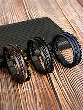 cheap Men&#039;s Jewelry-Men&#039;s Alloy Faux Leather Beaded Bracelet Set, Multi-Layer Braided Wristband with Magnetic Clasp, Fashion Punk Jewelry for Casual, Party &amp; Gift
