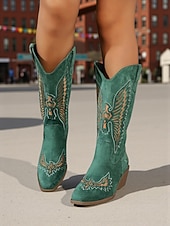 Недорогие Ковбой и западные ботинки-Женские ковбойские сапоги в стиле вестерн из зеленой замши с вышивкой и массивным каблуком — модные ковбойские сапоги в стиле бохо для рождественских фестивалей, уличной моды и повседневных мероприятий