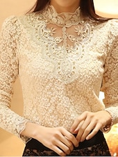 olcso Csipkés felsők-Női Blúz Tömör szín Elegáns Stílusos Alap Hosszú ujj Magasnyakú Normál felsők Napi Csipke Kollázs Fekete Sárgabarack Tavasz Ősz Tél