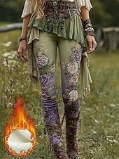 preiswerte -Damen Leggings Gemütliche Leggings Mode Streetwear Ethno-Stil Volle Länge Hohe Taille Blumen Grafik Drucken Fleece Thermowarm Bequem Hohe Elastizität Urlaub Straße Ferien Grün Herbst Winter Schmale