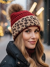 billiga Kvinnors hattar-Damstickad julmössa med fuskpälspompom, varm leopardmönstrad vintermössa, snyggt semestertillbehör för utomhus- och festliga kläder