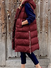 cheap Down Vests-Women&#039;s Winter Coat Down Jacket Vest Warm Comfortable Pocket Buttons Casual Plain Vacation Daily Wear Going out Weekend Long Hooded Regular Fit Sleeveless Outerwear Black Wine Khaki Fall Winter