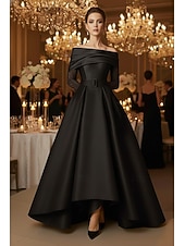 abordables Vestidos de Noche en A-Corte A Hasta el Suelo Vestidos de noche Corte Cenicienta Vestimenta formal Elegante Sedoso Manga Larga Hombros Caídos Boda Formal Bolsillo Satén Satén elástico con Plisado Cuentas