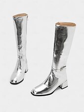お買い得  1980年代-女性用シルバーの光沢のあるニーハイゴーゴーブーツ、サイドジッパーとブロックヒール、レトロな70年代のディスコスタイルのパーティー &amp;ダンスブーツ