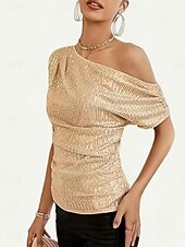 economico T-shirt semplice-Per donna Blusa Paillettes Tinta unica Elegante Casual Manica Corta Asimmetrico Top Regolari Quotidiano Nero Bianco Viola Oro Verde Estate Primavera