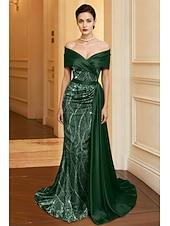 abordables Robes de bal-Ligne A Fourreau / Colonne Longueur au sol Robe de Soirée Robe de bal avec surjupe Tenue de soirée Élégant Bloc de Couleur Fente Haute Manche Courte Épaules Dénudées Formel Mariage Satin Pailleté avec