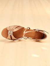economico Scarpe da ballo per bambini-Scarpe da ballo latino in raso marrone da donna per bambini, comode scarpe da ballo da sala con tacco basso e cinturini incrociati &amp;fibbia, ideale per l'allenamento di danza dei bambini &amp;concorsi