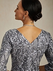 お買い得  スパンコールドレス-女性用 マキシドレス シースドレス エレガント フォーマル セミフォーマルドレス パーティー スパンコール レース 刺繍 レギュラー 純色 七分袖 Ｖネック グレー