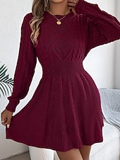 economico Abiti in maglia-Per donna Mini Abito Abiti in tessuto di lino e policotone Abito in maglia Moderno Quotidiano Natale Uscire Vestibilità regolare Semplice Manica Lunga Girocollo Nero Vino Grigio Autunno Inverno