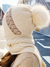 billige Damehatter-Dame vinterstrikklue-skjerfsett med pompong, fleecefôret 2-i-1-lue og halsvarmer, koselig og varmt utendørstilbehør for kaldt vær og julegaver