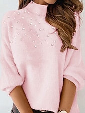 ieftine Topuri simple pentru femei-Pentru femei Bluză Culoare solidă Stilat Casual Manșon Lung Mock Gât Topuri obișnuite Zilnic Ștrasuri Negru Galben Roz Îmbujorat Roșu-aprins Maro Primăvară Toamnă Iarnă