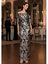  Футляр В пол Вышивка бисером Вечернее платье Платье матери невесты Выпускные платья Вечернее платье С пышной юбкой Торжественное платье Элегантный стиль Блестящая Стиль знаменитостей Рукав 3/4