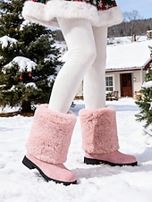 cheap Snow &amp; Winter Boots-Women's Burgundy Faux Fur Mid-Calf Winter Boots – Warm Santa-Style Snow Boots for Christmas, Holiday Outfits and Outdoor Wear