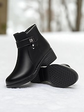 Недорогие Снежные и зимние ботинки-Женские черные кожаные ботильоны с шерстяной подкладкой – застежка-молния, теплые и удобные зимние ботинки для повседневной носки и активного отдыха