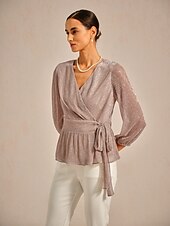 baratos Blusas Simples-Mulheres Blusa gravata na frente Metálico Elegante Manga Longa Decote V Tops regulares Convidado do casamento Roupas para encontros noturnos Traje para coquetel Rosa Verão Primavera Outono Inverno