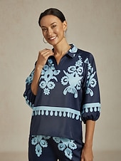 abordables Blusas y camisas-Blusa de mujer azul con bordado floral, cuello camisero, manga 3/4, estilo bohemio, informal, elegante, para vacaciones de verano.