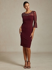  Dam Midiklänning Sheath Dress Elegant Normal Ensfärgat Halvlång ärm Rund hals Vinröd
