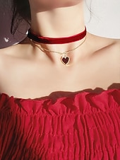 abordables Collier pour femme-Collier ras du cou en velours pour femme avec pendentif cœur rouge - élégante chaîne dorée à double couche pour Noël et les fêtes de fin d'année