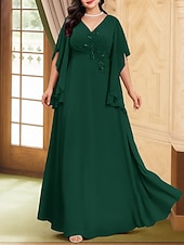 economico Lunghezza del pavimento-A-Line Abito da Sposa per Invitate Lunghezza Piena Abiti Formali Abito da Sera Abito Madre della Sposa Manica Lunga V Neck Elegante Vintage Festa Chiffon con Perline