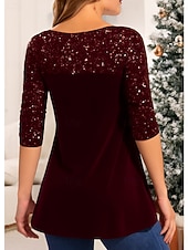 abordables Chemisiers et chemises de Noël-Blouse pour femme de Noël couleur unie stylée décontractée manches longues col carré tops réguliers impression quotidienne sequins patchwork noir vin violet vert printemps automne hiver