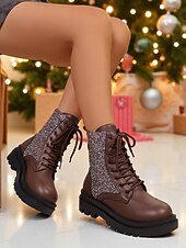 Botas de combate con purpurina roja para mujer: botines con cordones brillantes para mujer, ideales para Navidad, fiestas de invierno y salidas festivas. abordables Zapatos de Navidad para Mujeres-Botas de combate con purpurina roja para mujer: botines con cordones brillantes para mujer, ideales para Navidad, fiestas de invierno y salidas festivas.